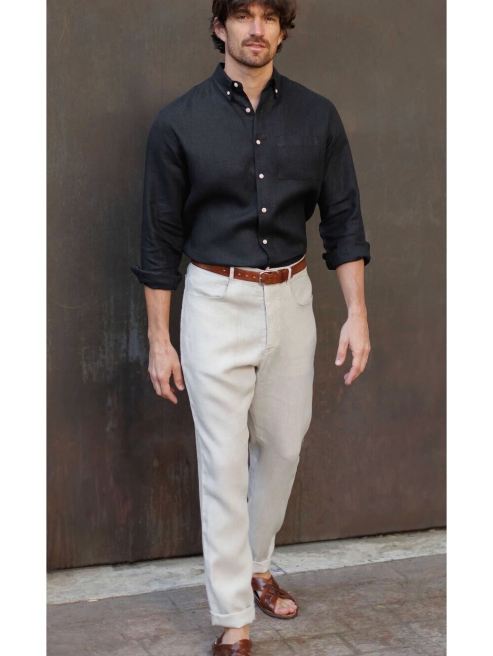 Alex Crane Cham Pants Mens 30 Bone 100% Linen Slim Straight Casual Trousers